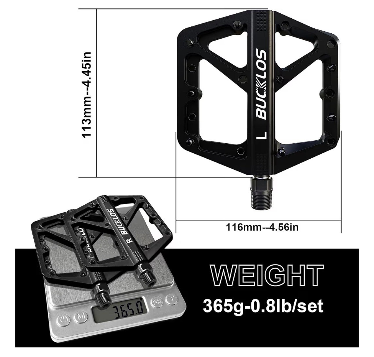 BUCKLOS Mountain Bike Pedals MTB Pedals Flat, Adult Bicycle, 9/16”, BLACK