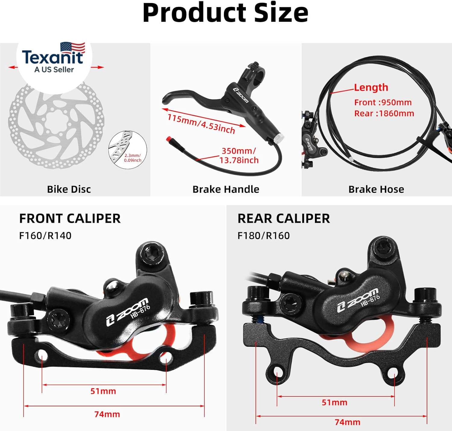 Z00M HB876E 2-PIN 4-Pistons E-Bike Electric Power-Off Hydraulic Brake Set, Pre-B