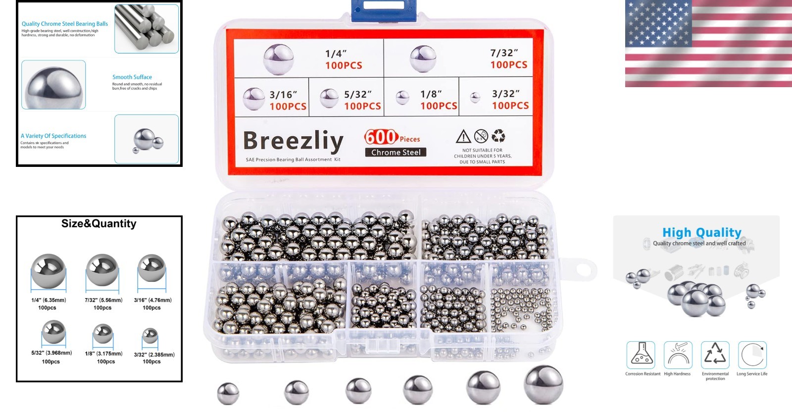 Assorted Chrome Steel Bearing Balls – 600 Pcs in 6 Sizes for Many Applications