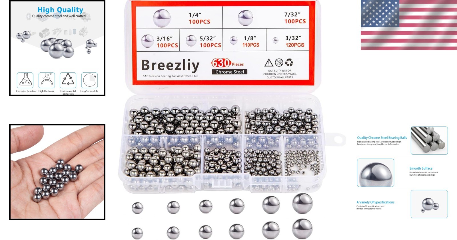 Assorted Bicycle Bearing Balls 630 Piece Set Various Sizes Durable Chrome Steel