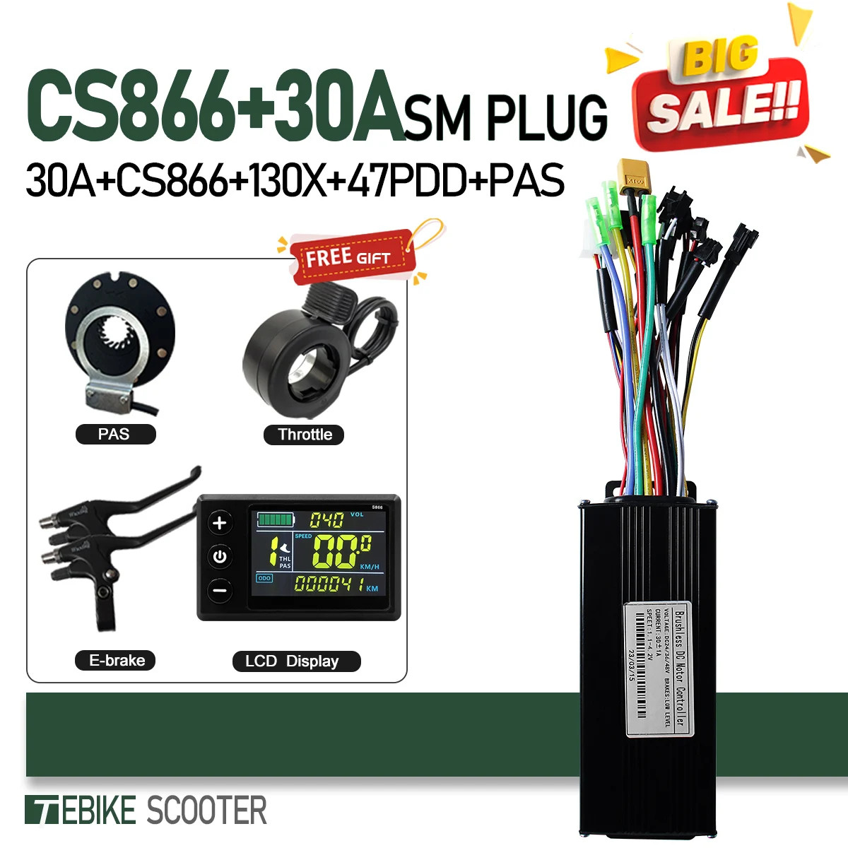 E-bike 3-Mode SineWave Controller 17A 26A 30A 40A Color LCD S866 GD02 Display