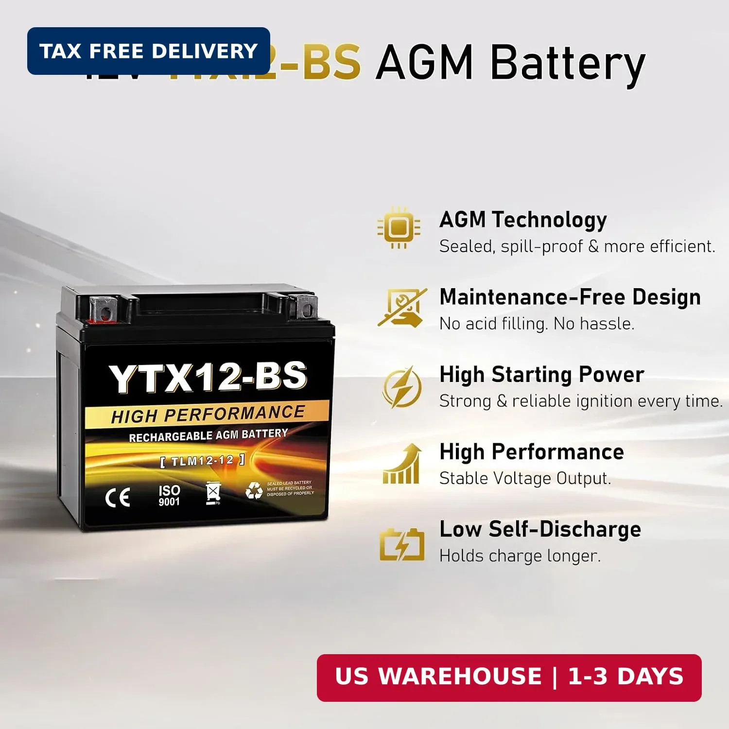 YTX12-BS 12V 10Ah AGM Sealed Motorcycle Battery, Maintenance-Free, Compatible wi