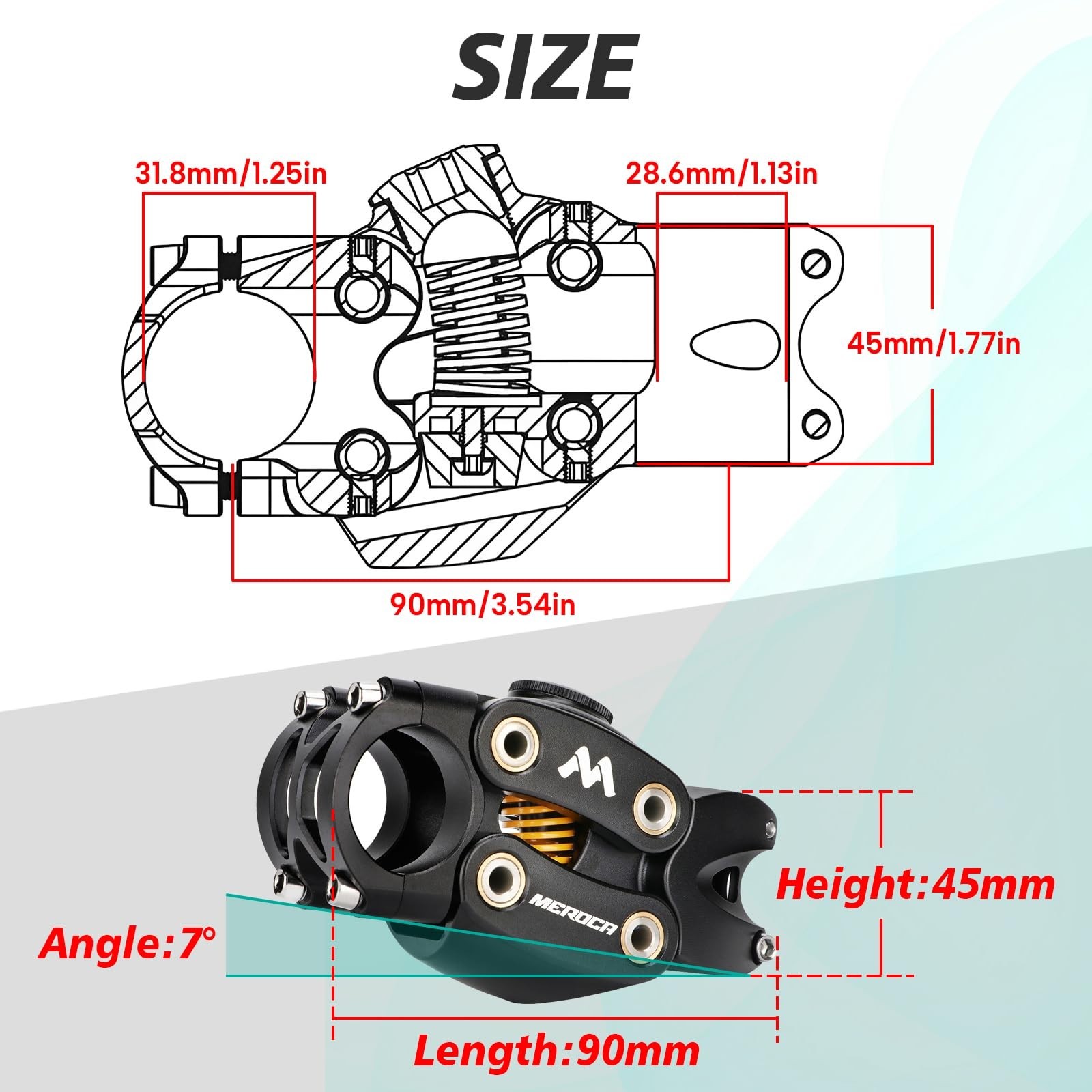 Adjustable Bike Suspension Stem 31.8mm, MTB Shock Absorbing Handlebar, 90mm Leng