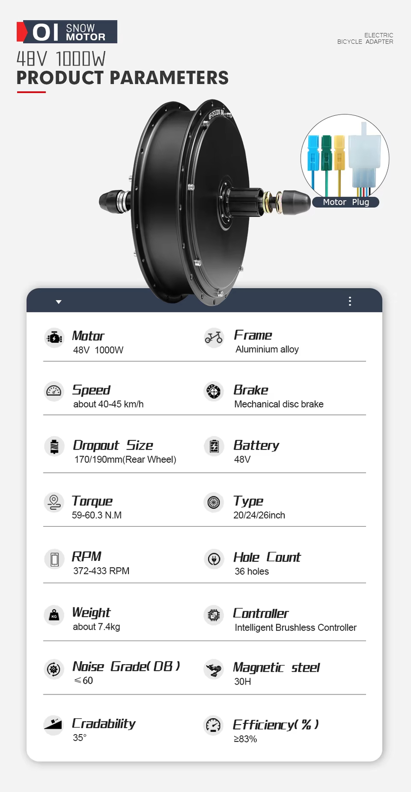 48V 1000W 4.0Tyre Rear Cassette Hub Motor Wheel for Snow E-bike Conversion Kit