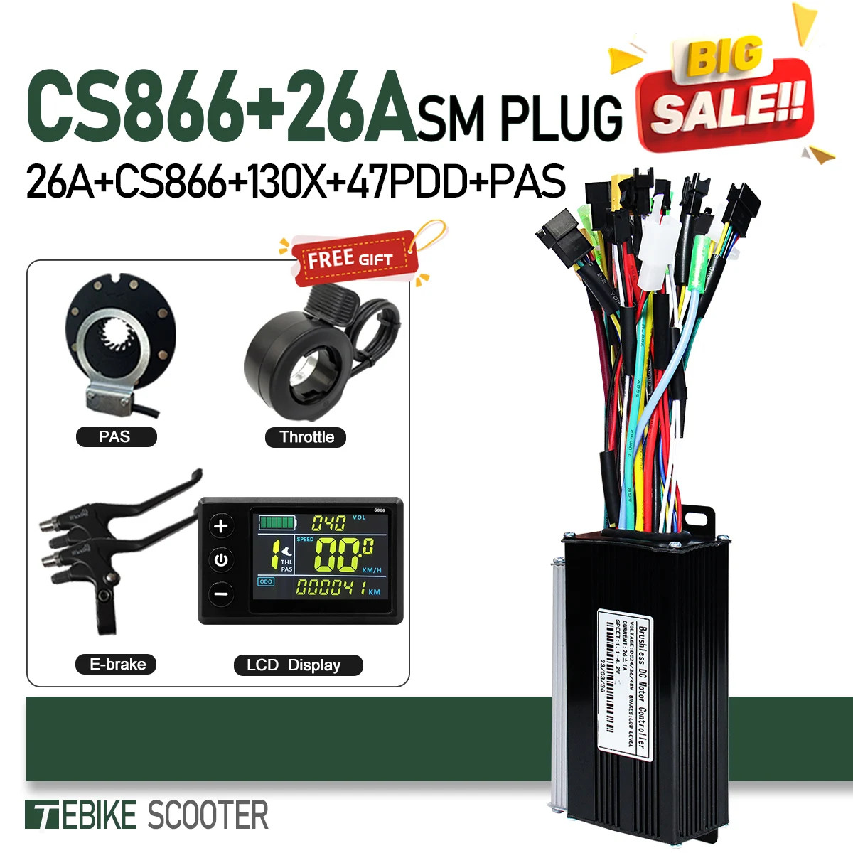 3-Mode 17-40A Sine Wave Controller LCD S866/GD02 Color Compatible Hall Free Hub