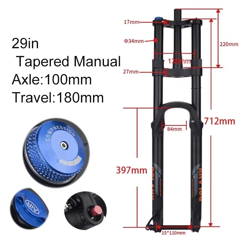 Mountain Bike Front Fork Dual Shoulder Thru-Axle Air Fork 180mm Travel
