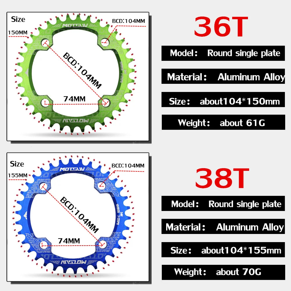 MTB Bicycle Round Narrow Wide Chainwheel 32T-38T 104BCD Circle Chainring