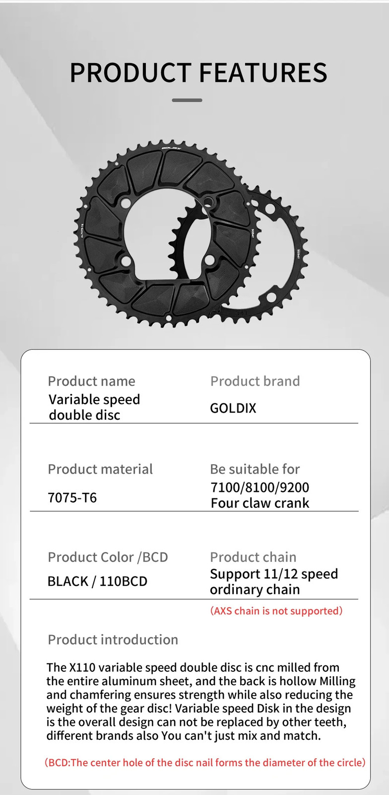 110BCD 2X Double Chainring AERO Sprocket for 11Speed 12Speed 4 BOLT Chainring
