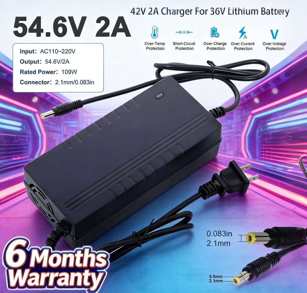 54.6V 2A/5A Adapter Charger 48V Lithium Battery with 5.5mm*2.1mm DC Plug Port.