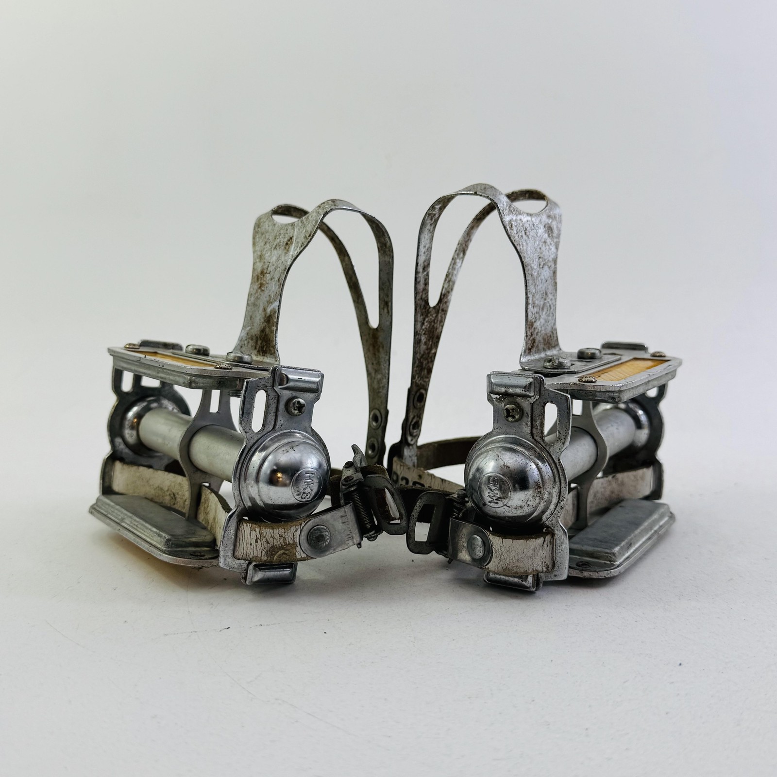 Vintage MKS K11A Platform Pedals Christophe Toe Clips Straps 9/16 In Silver A96
