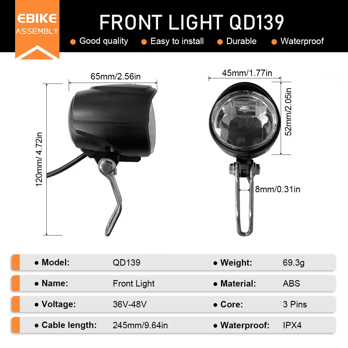 Electric Bike Front Brake Rear Light Set for 12V-72V Battery Headlight Switch