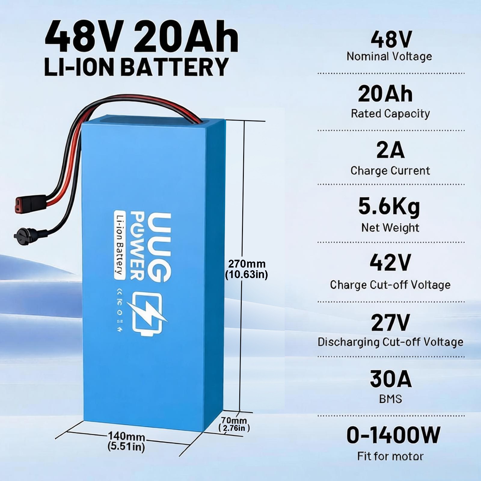 UUG Lithium Ebike Battery 48V 20Ah for 100W-1500W Electric Bicycle with BMS 30A