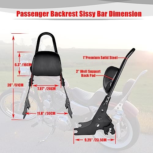 Motorcycle Sissy Bar Backrest Detachable Seat Pad Rear Passenger Upright