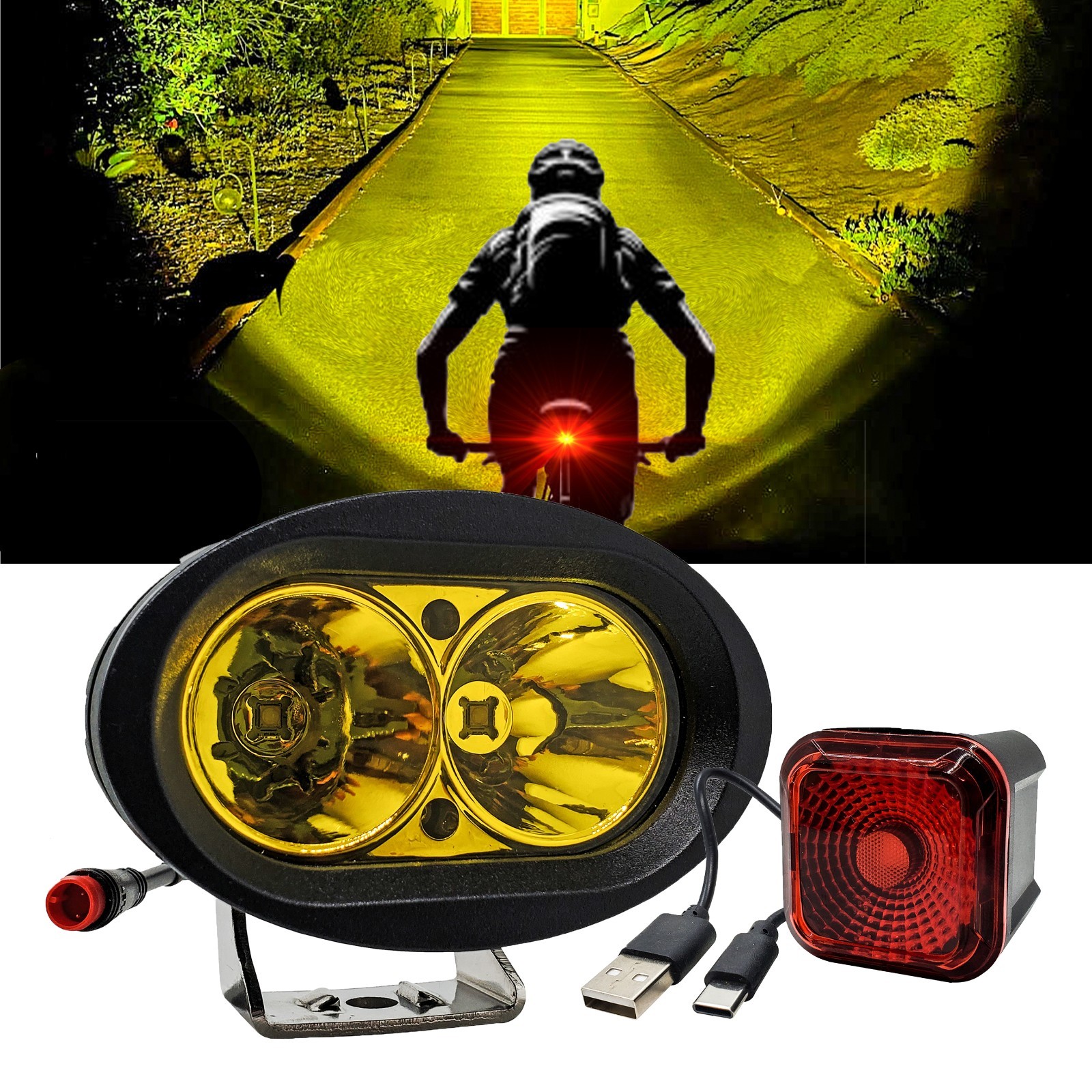 E-Bike Neon Yellow LED Headlight 2-Pin Julet Plug & Smart Brake Light Lectric