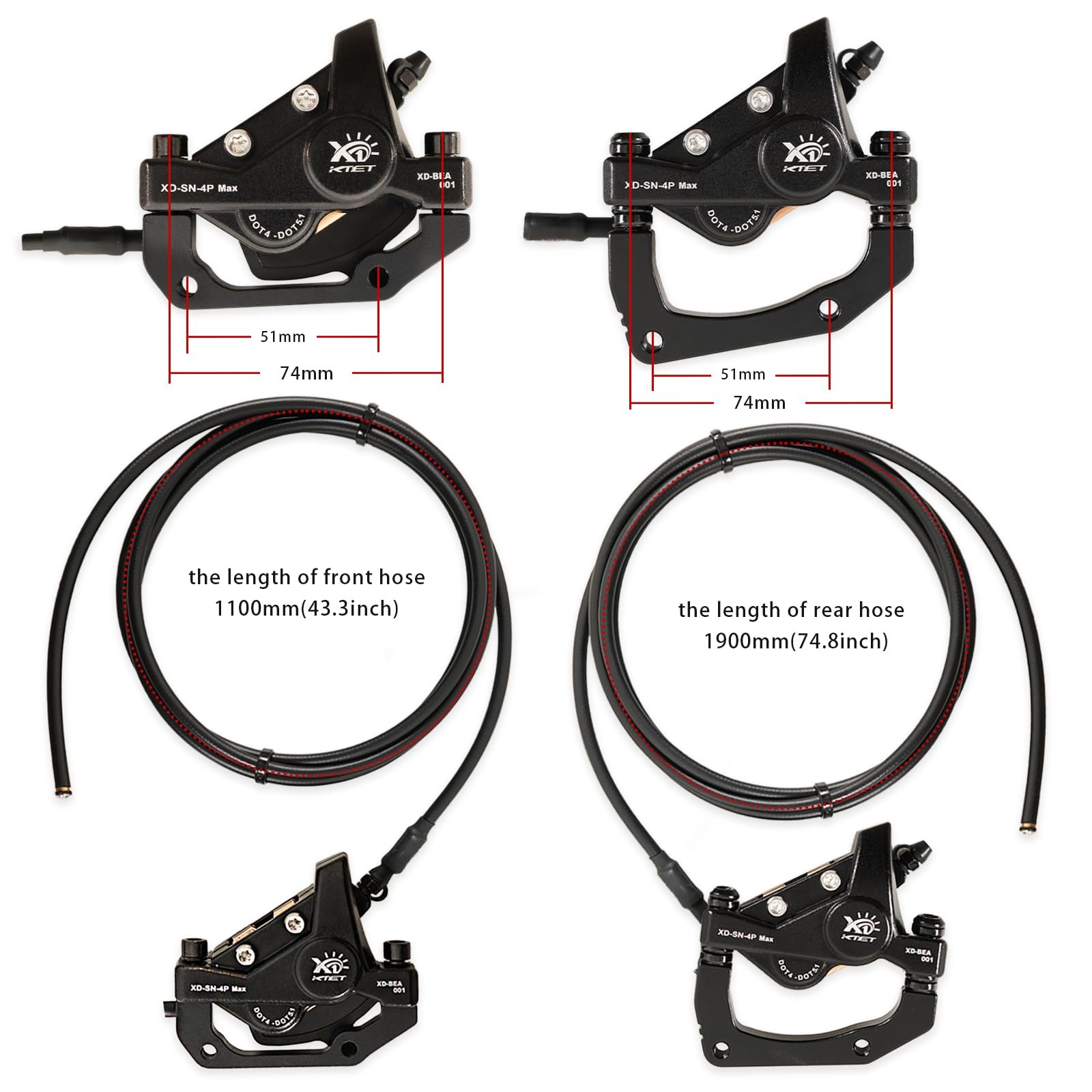 Upgrade Heavy Duty 4 Piston Hydraulic Brakes for Ebike: 2 PIN Waterproof