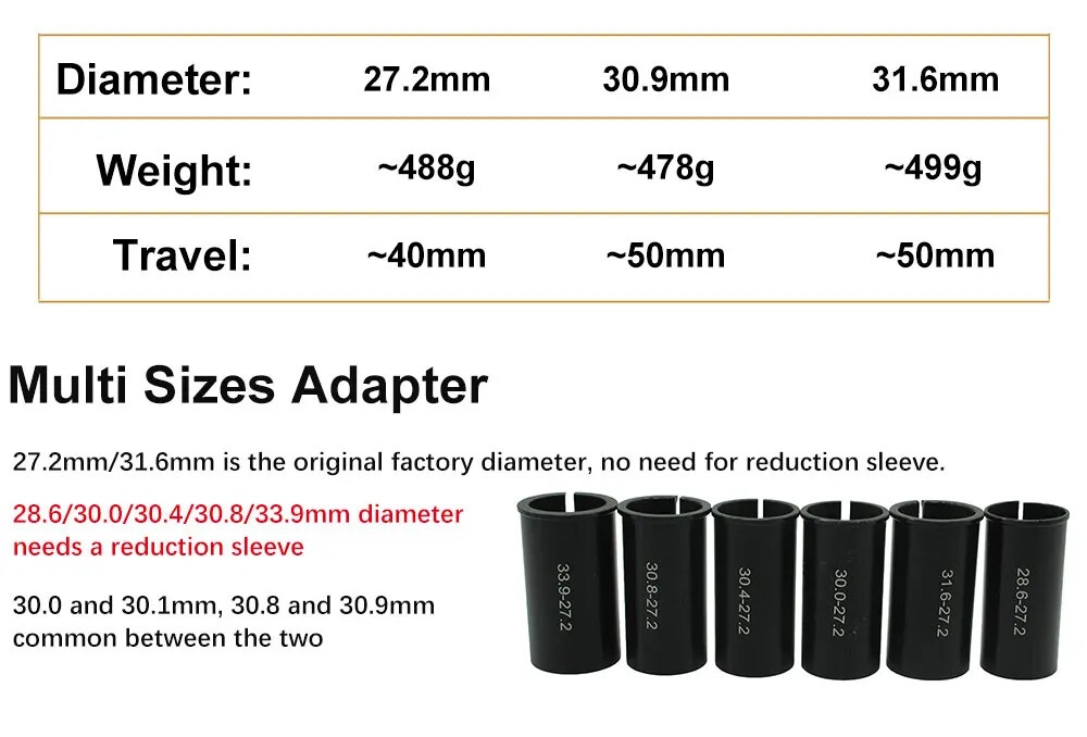 Road MTB Bike Suspension Seapost 27.2/30.0/30.4/30.9/31.6/33.9mm Saddle Tube