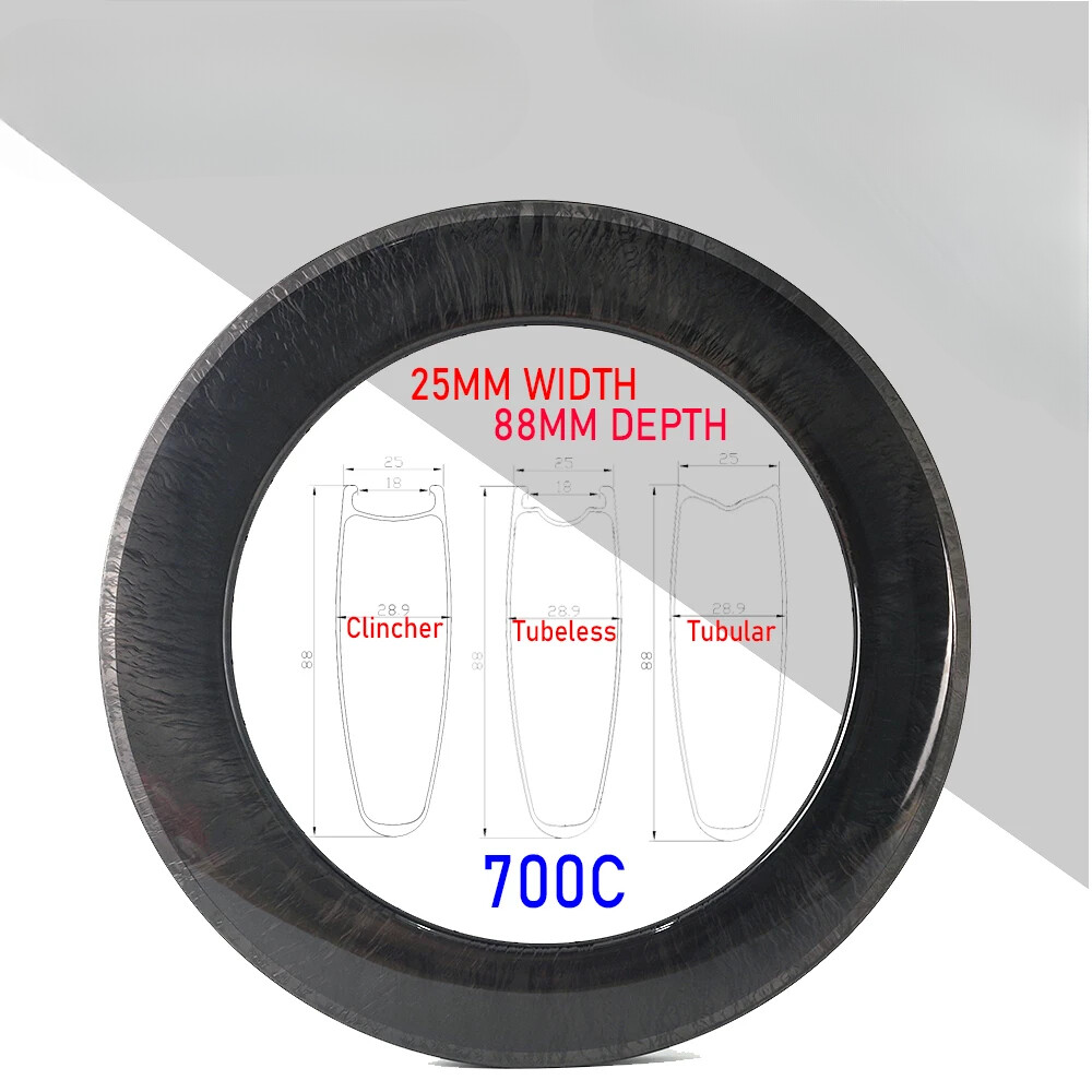 700C Road Bike Carbon Fiber Rims 88mm Depth 25mm Width UD Matte Glossy Finish