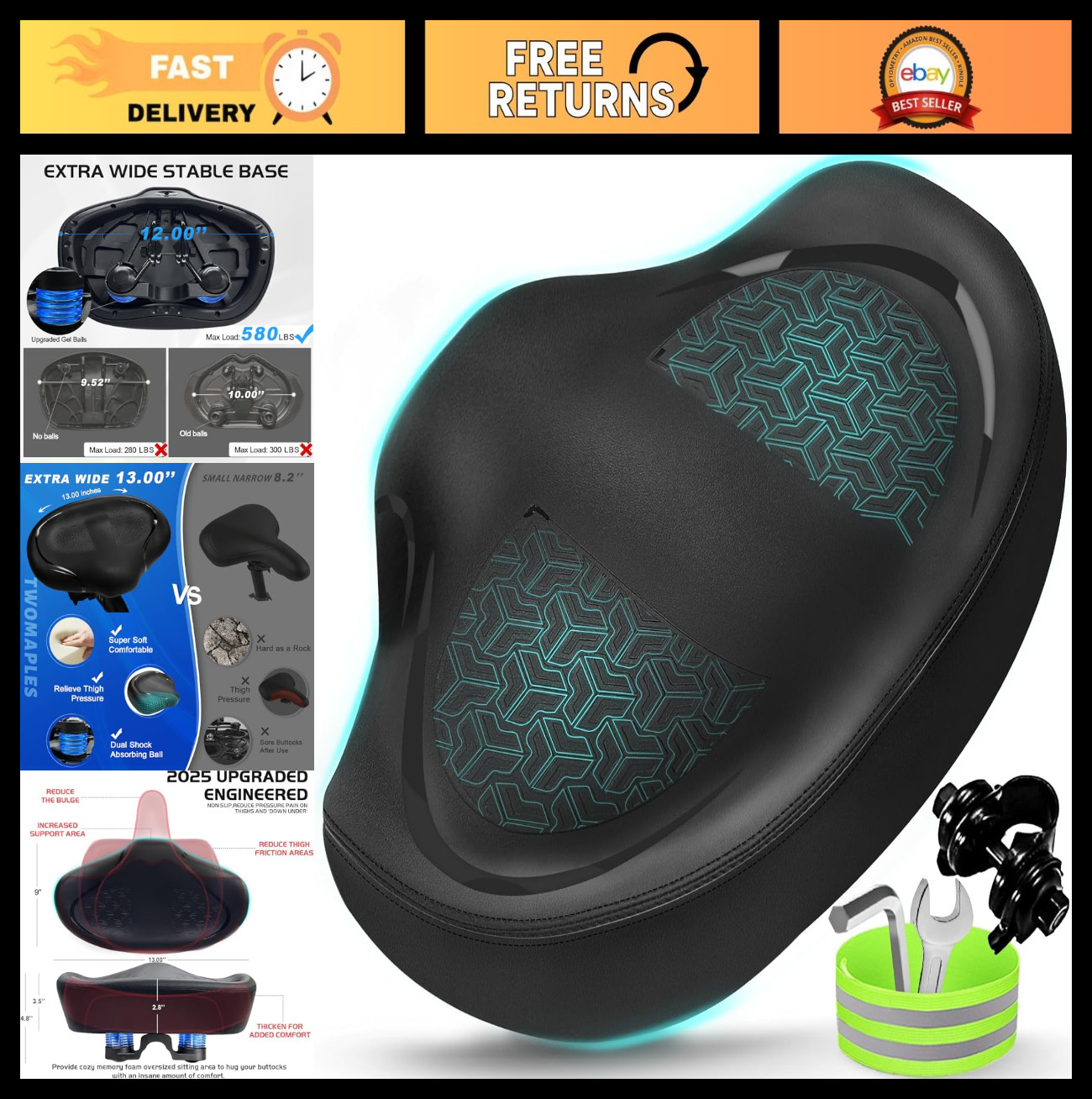 Noseless Bike Seat Cushion – Extra Padding for Comfort, Wide Oversized Saddle fo