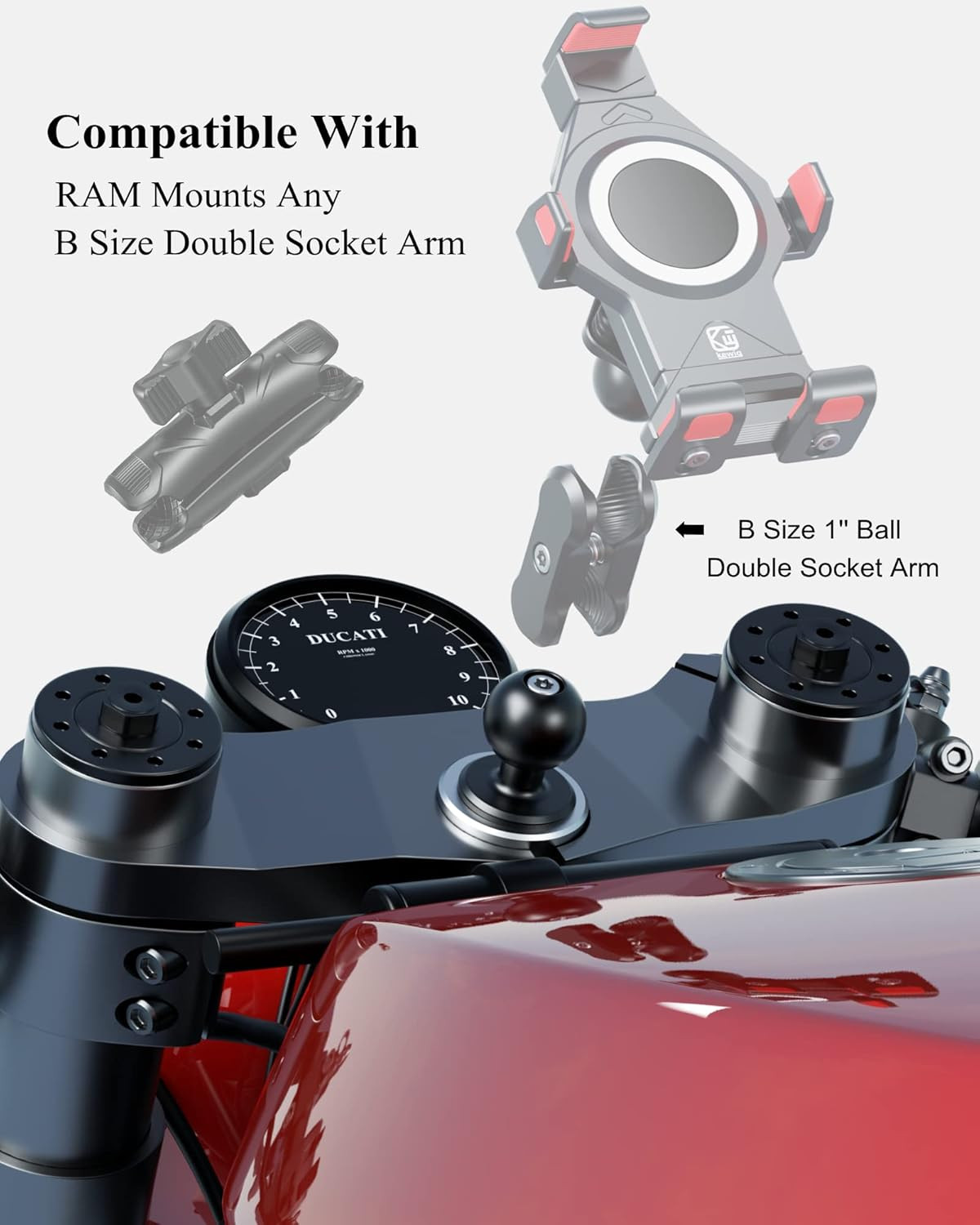 Metal Motorcycle Fork Stem Mount Base with 1» TPU Ball for Stem Holes 12Mm to 2