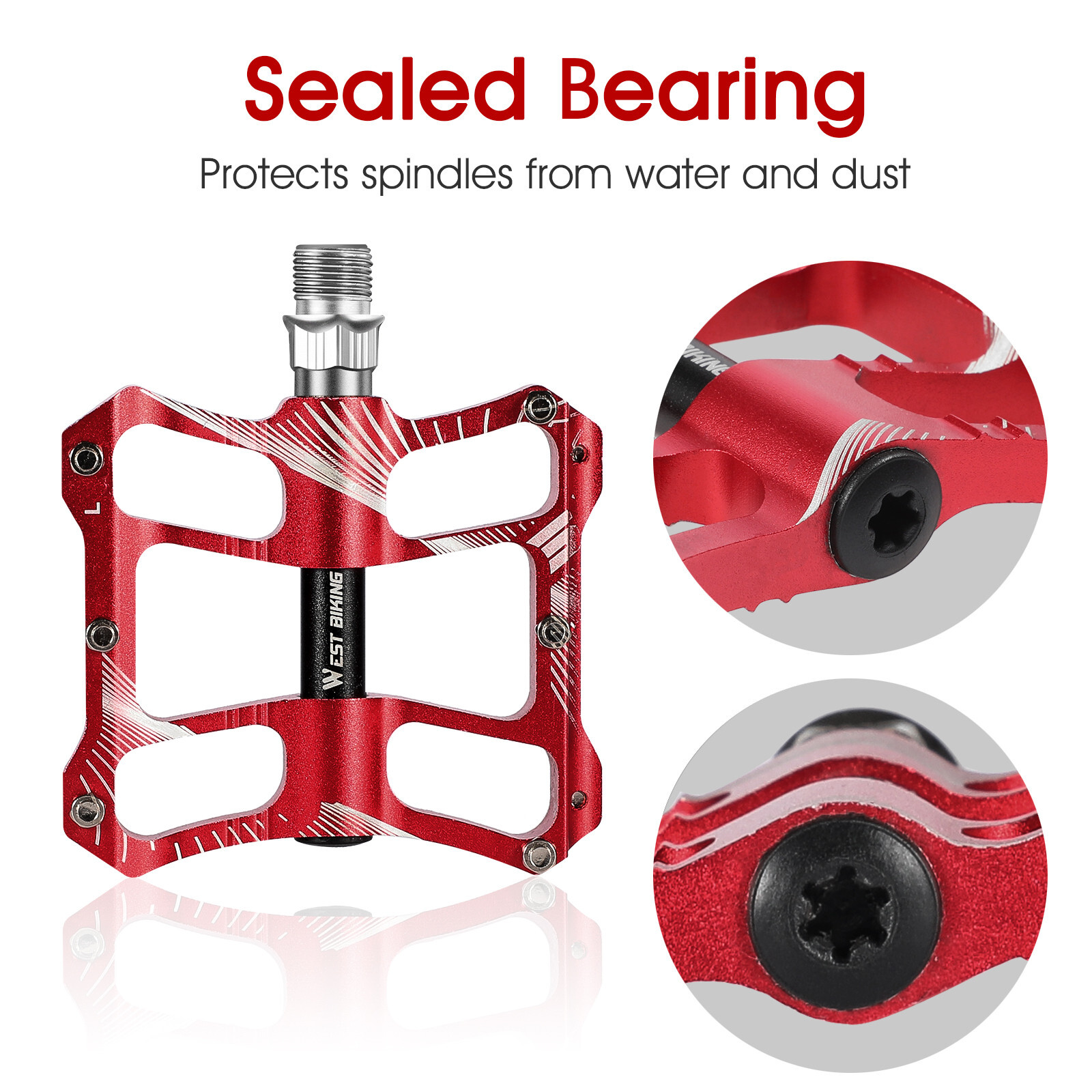 WEST BIKING 2 Sealed Bearings Bicycle Pedals Aluminum Alloy Bike Flat Pedals Red