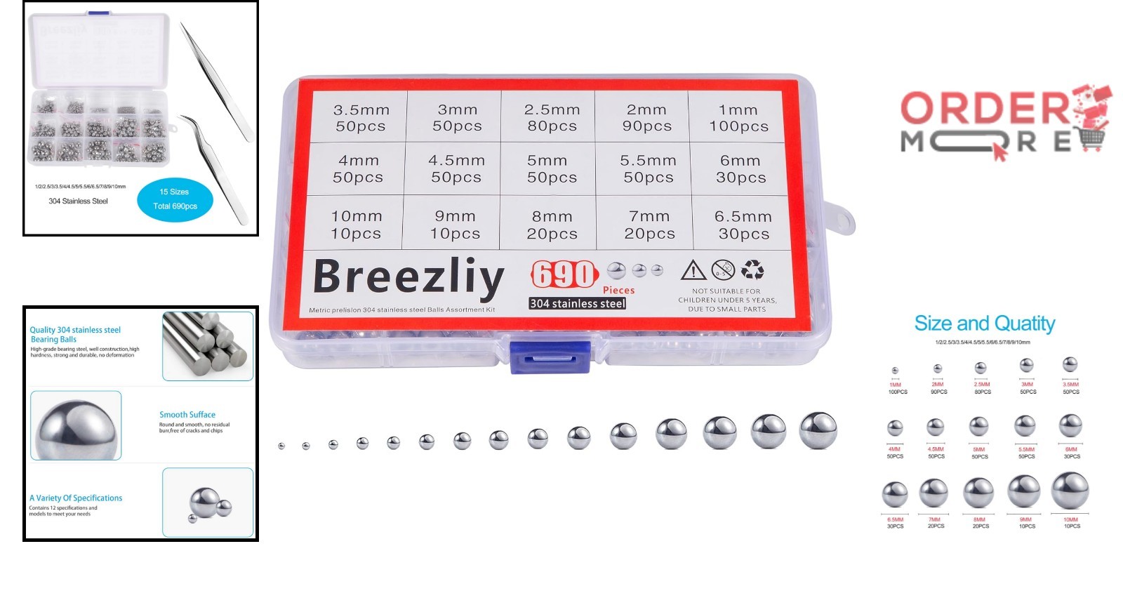 690Pc Steel Bearing Balls Assortment Kit 15 Sizes 304 Stainless Bicycle