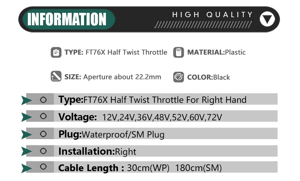 E-bike Left Hand Half Twist Throttle 12V 24V 36V 48V 52V 60V 72V Waterproof Plug