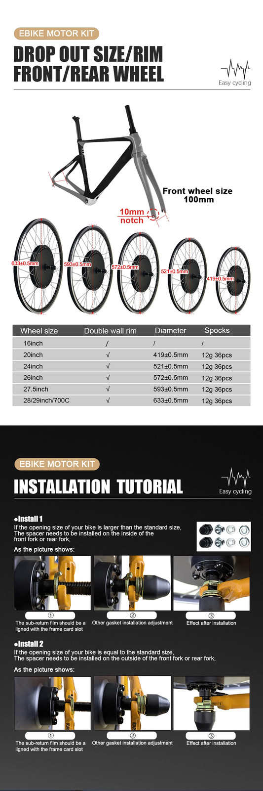 48V 1000W Front Drive Gearless Brushelss Hub Motol for E-bike Conversion Kit