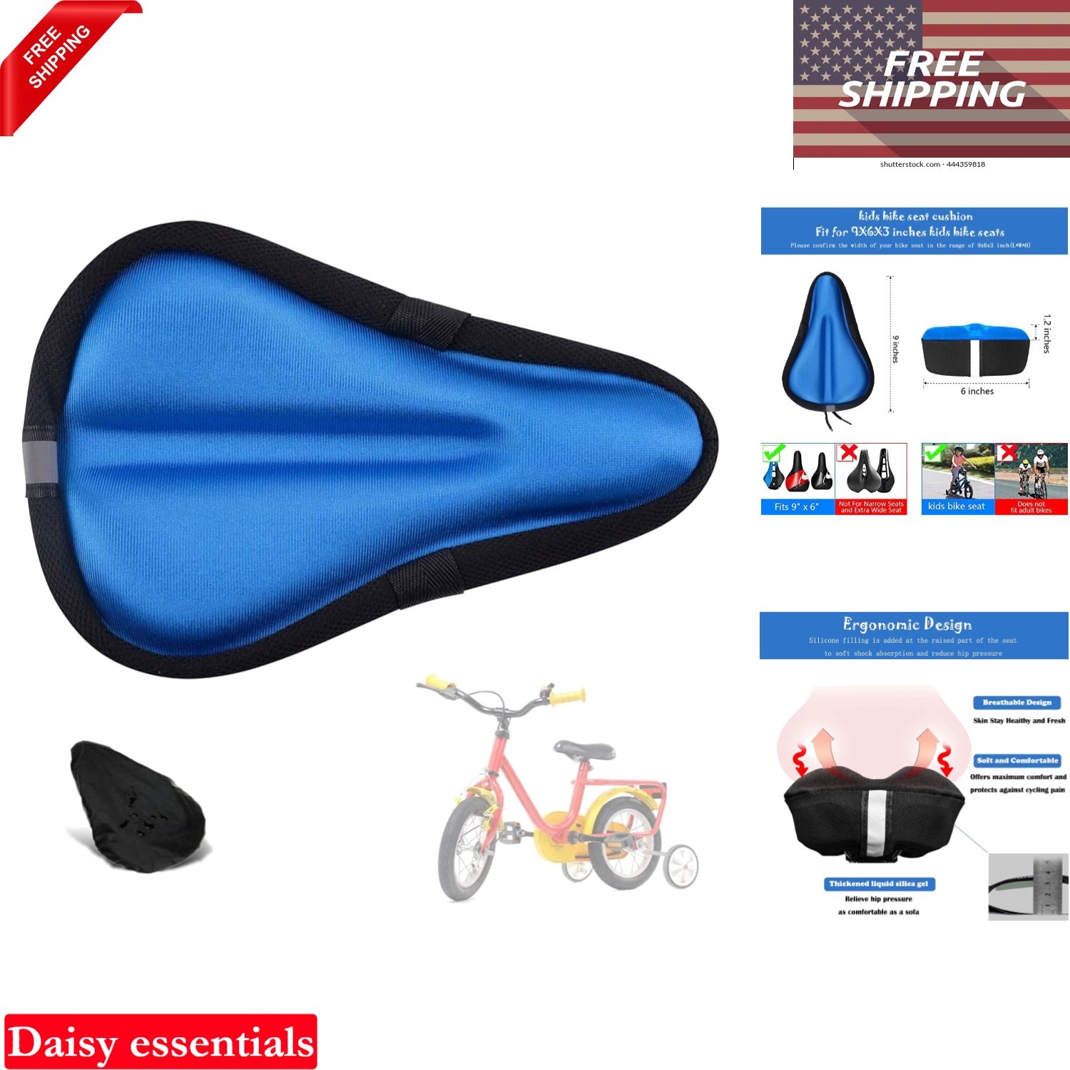 Kids Gel Bike Seat Cushion Cover Blue 9×6 Inch Memory Foam Waterproof Kids Bi…