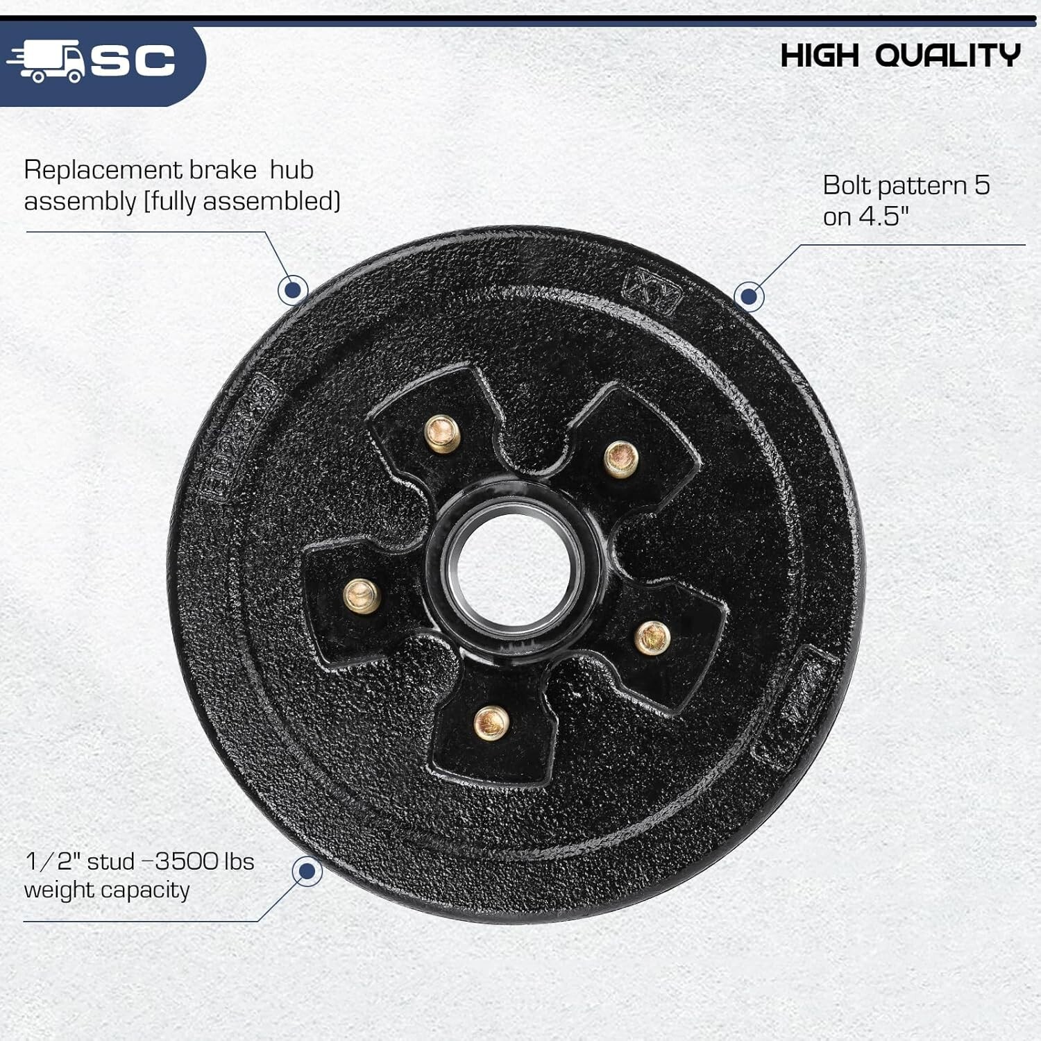 Trailer Brake Drum Kit, 5-Hole, 4.5″ Bolt Circle Brake Drum for 3500 lb BRD003