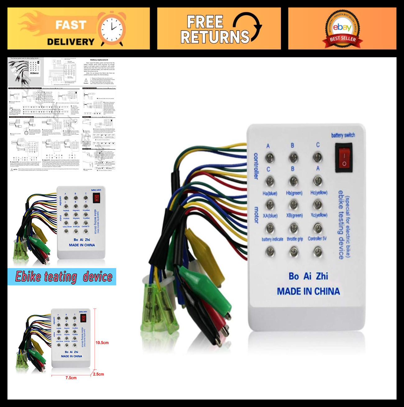 Portable E-Bike Tester 24V/36V/48V/60V/72V Brushless Motor Indicator, Battery Co