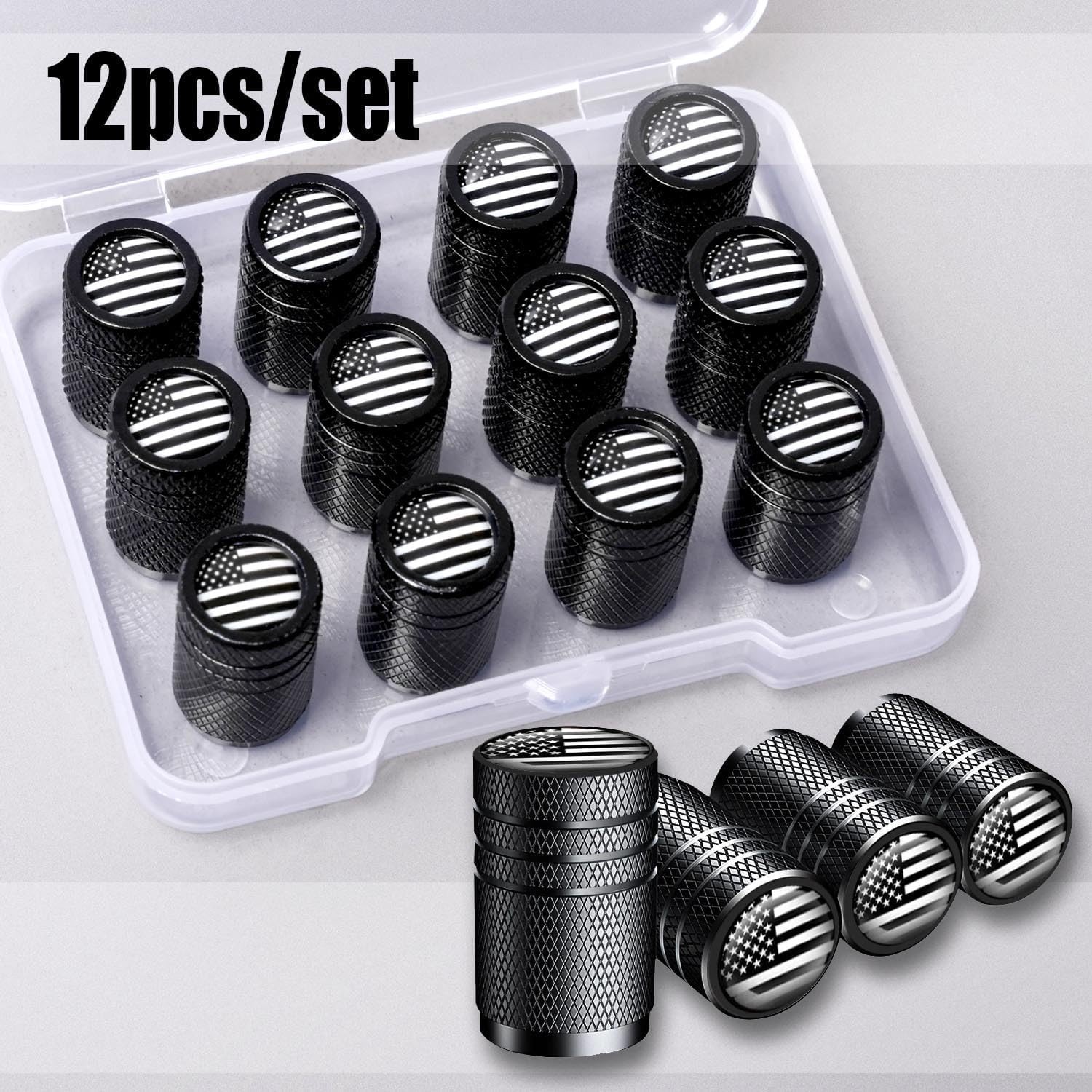 American Flag Tire Valve Stem Caps, Aluminum USA Caps Black, Universal Dust Proo