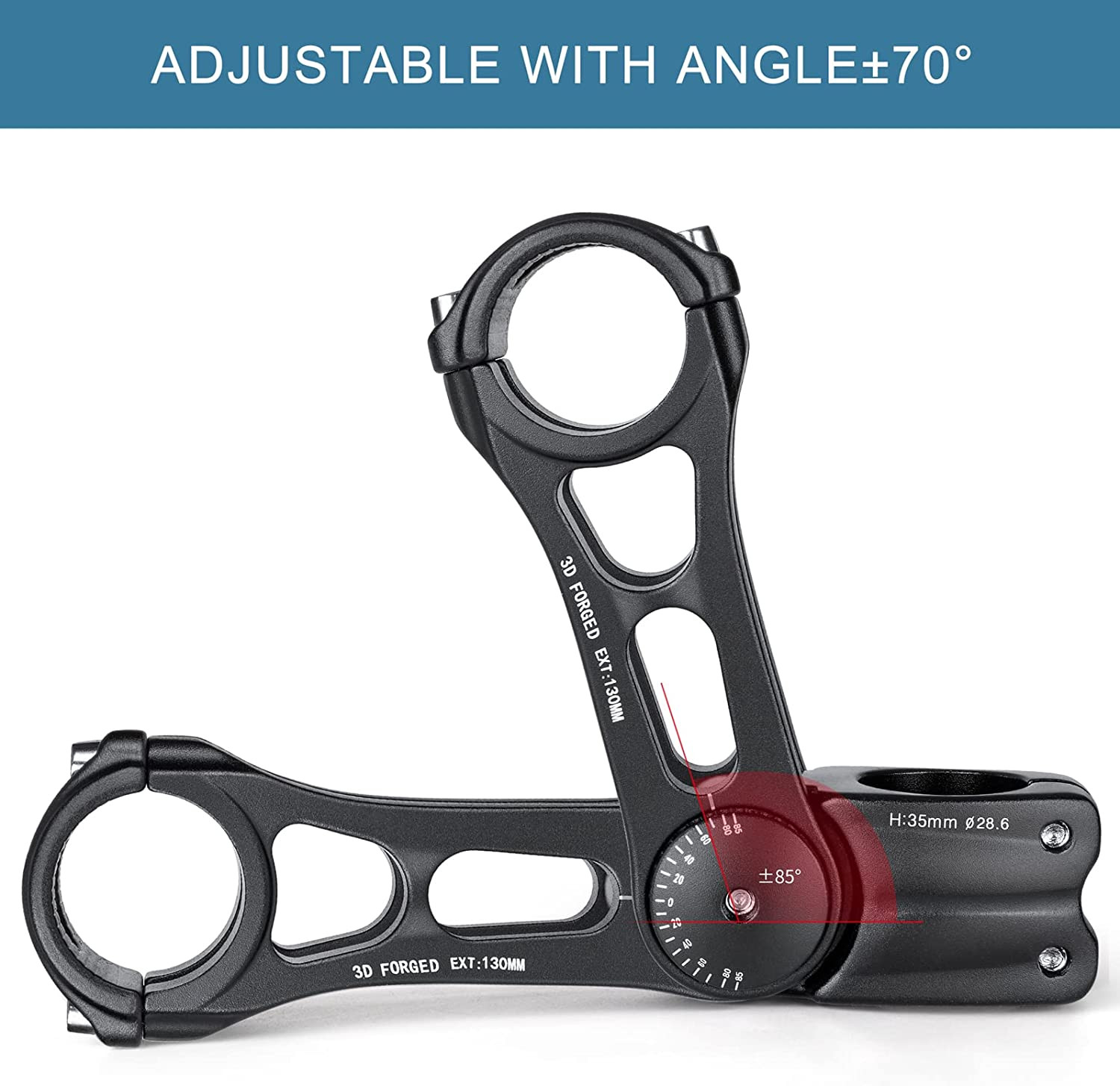 Adjustable MTB Stem 31.8mm 70 Degree – 90/110/130/145mm Bike Stem Riser for Hand