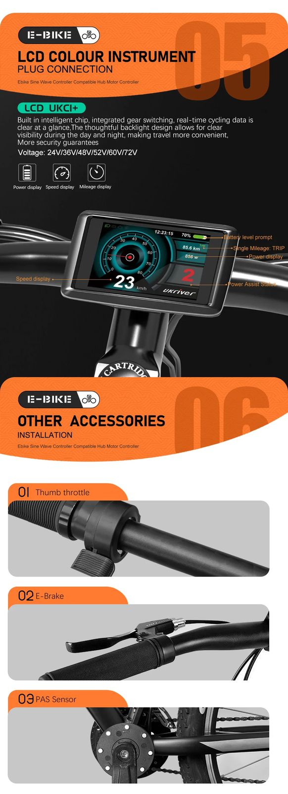 Ebike Sinewave 3 Mode 17A26A30A40A Controller+Color UKC1 Display 250-2000W Motor