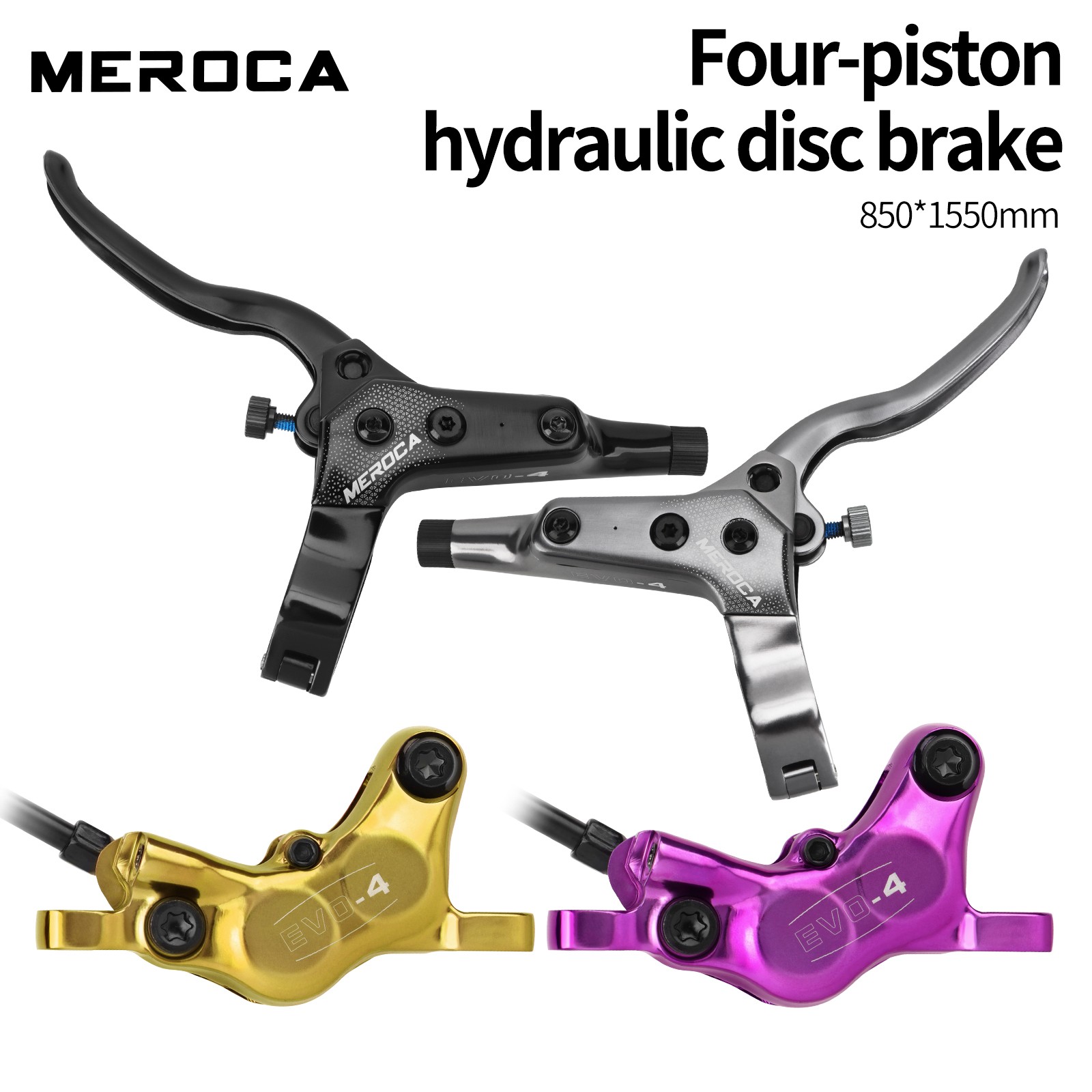 MEROCA 4-Piston Hydraulic Disc Brake Set For Mountain Bike Front/Rear 850/1550mm