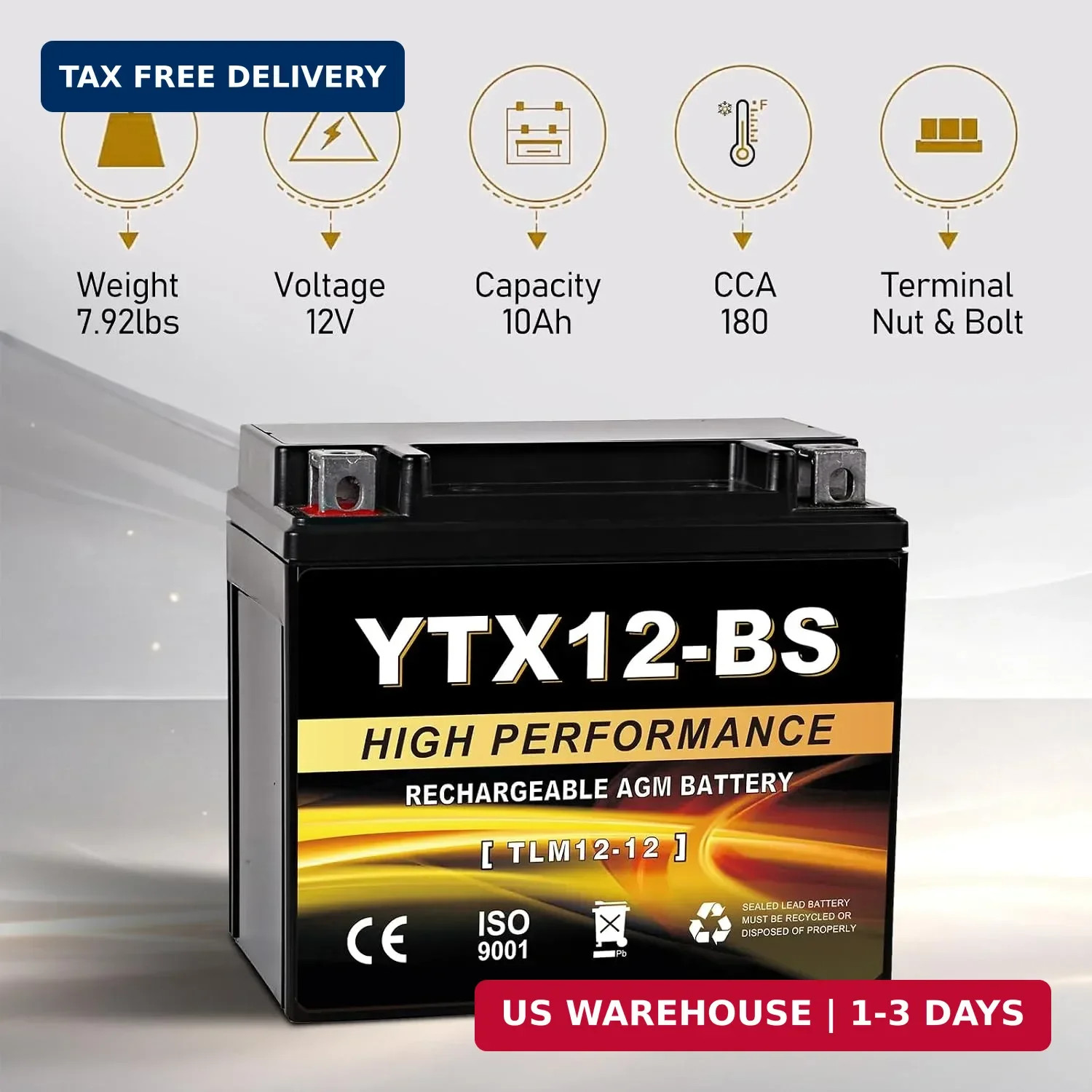 YTX12-BS 12V 10Ah AGM Sealed Motorcycle Battery, Maintenance-Free, Compatible wi
