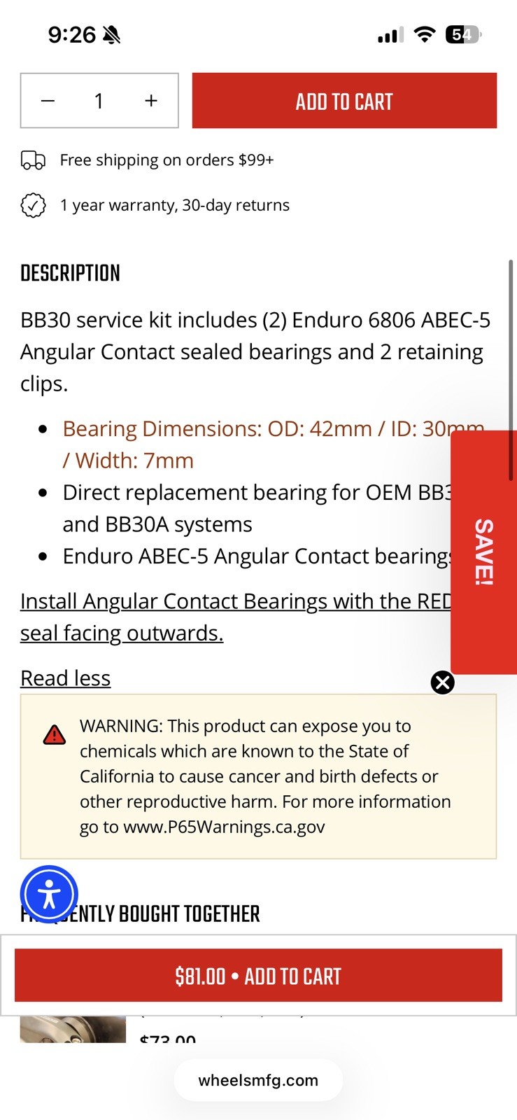 Wheels Manufacturing BB30 Angular Contact Bearing and Clip Kit