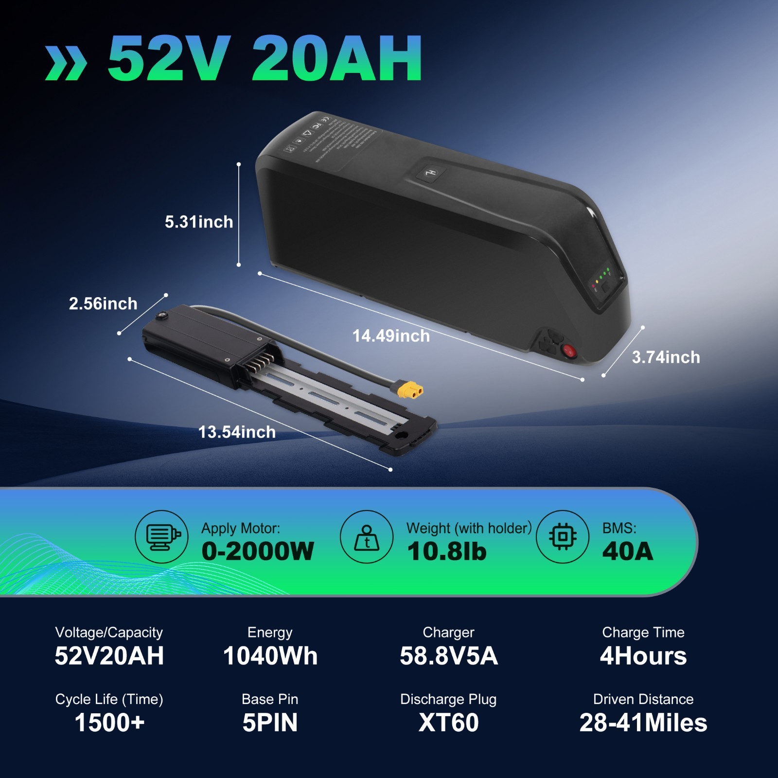 52V 20AH Ebike Battery Replacement Lithium Battery For Bicycle 2000W Motor 5PIN