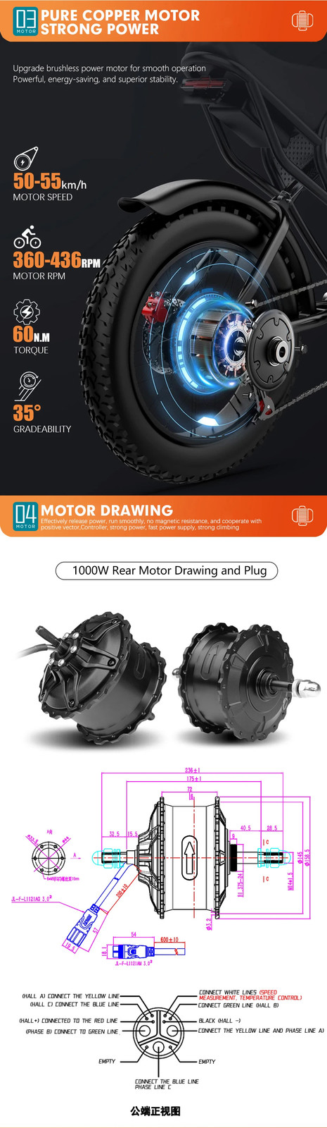 48V 1000W Rear Rotate Hub Motor 170-175mm Dropout 4.0Tyre Snow Fat Tire Ebike