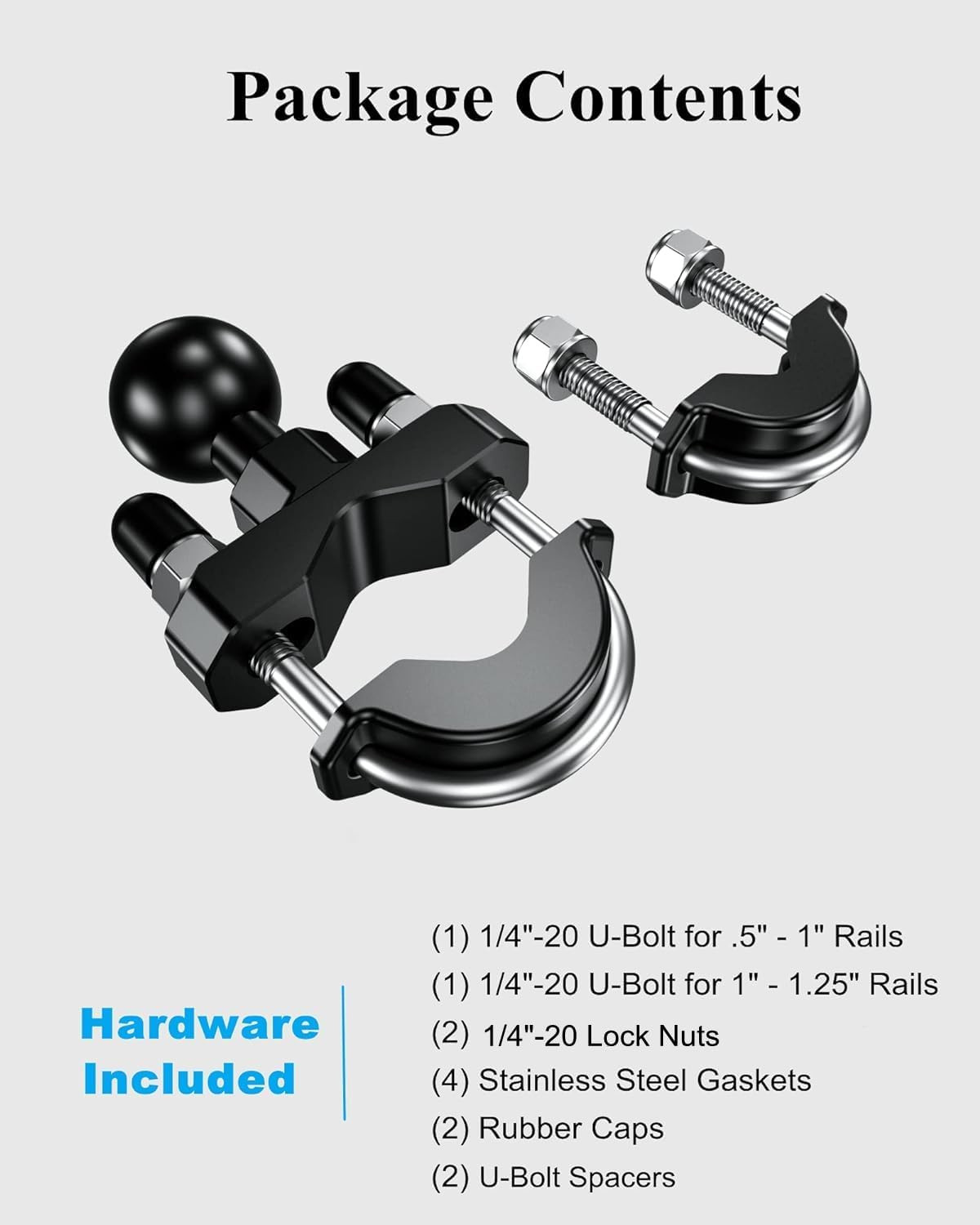 BRCOVAN 1» Ball Handlebar U-Bolt Mount, Fit Rails Diameter 0.5» to 1.26» | Co