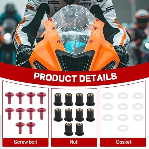 10PCS Motorcycle Windshield Bolts Screws Kit, Aluminum Motorbike Pink