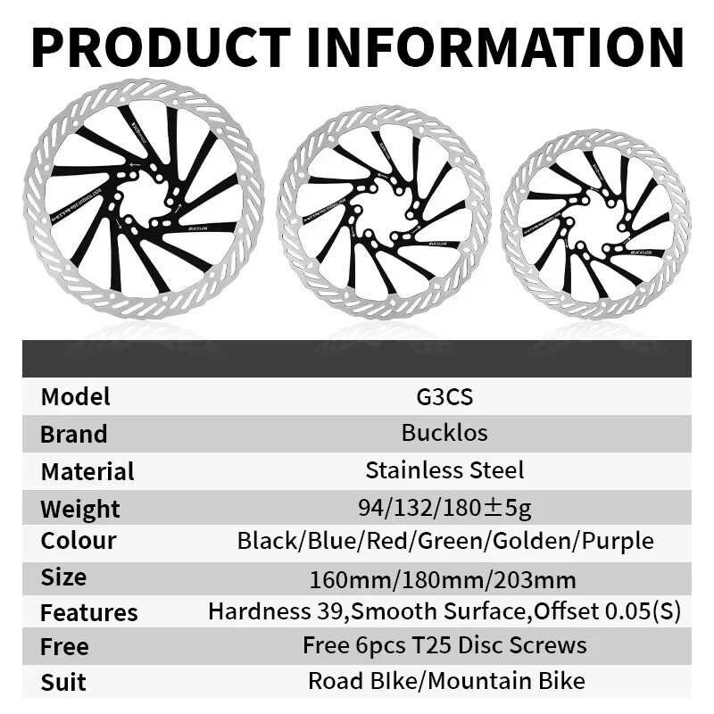 ​BUCKLOS 6 Bolts Bicycle Disc Brake Rotor 160mm 180mm 203mm MTb Bike Rotor G3CS