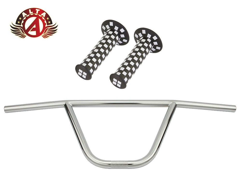 ALTA CW PRO Old School Classic Chrome Handlebar W/ CHECKERED BMX Style GRIPS.