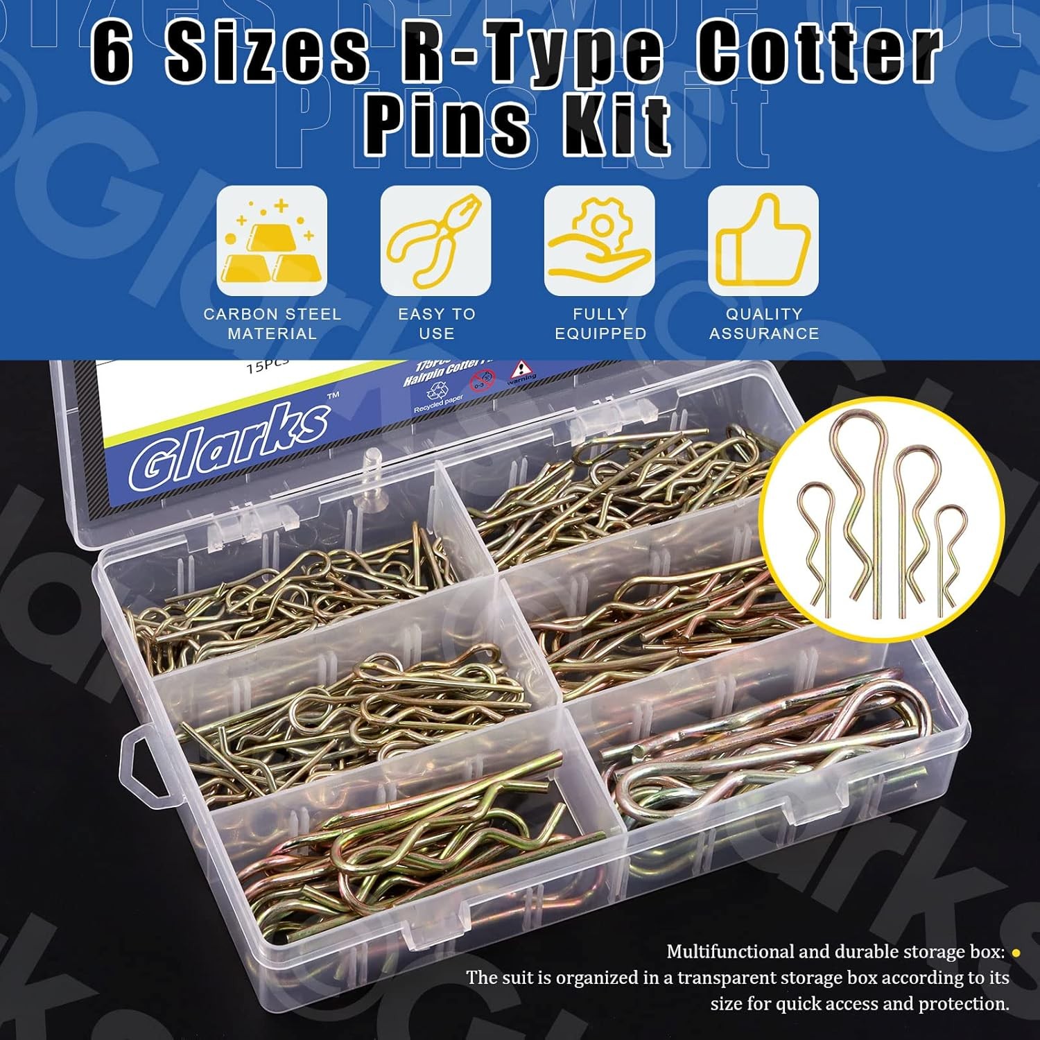 Glarks 175Pcs Hairpins R Clips Cotter Pins Assortment Kit 6 Sizes Zinc…