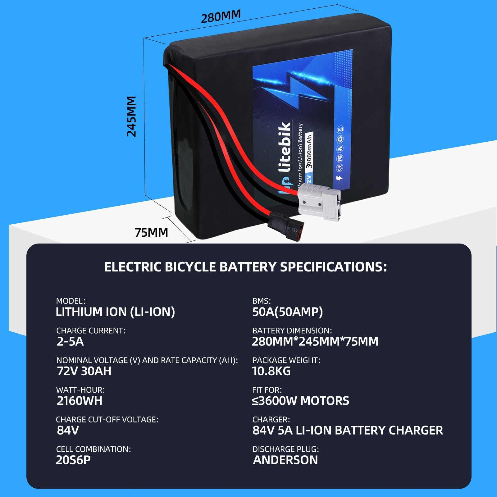 72V 50A BMS 200W-3600W ebike battery Lithium Electric Bike Scooter Battery Pack
