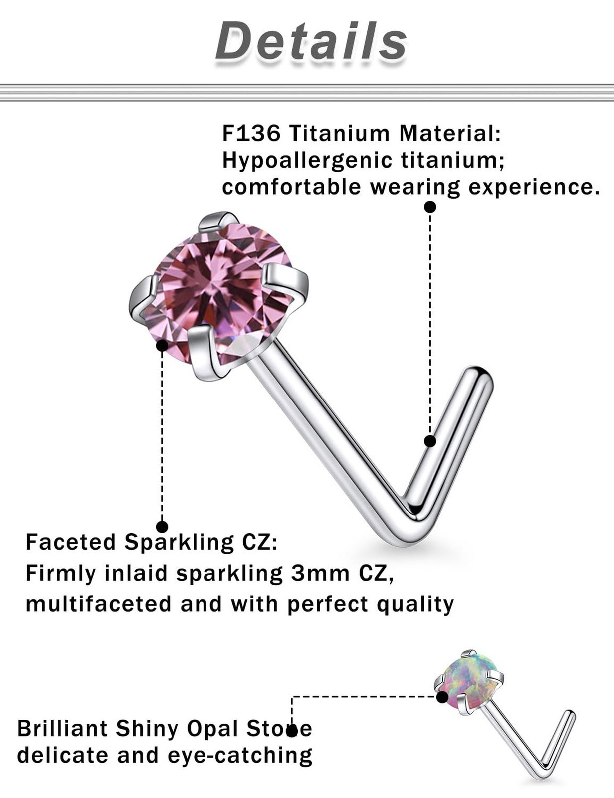 F136 Titanium 20/18g L Shaped Pink/Blue Diamond Nose Ring Studs Earrings Pier…