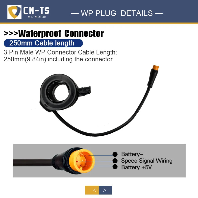 Thumb Throttle 3 Pin WP/SM Plug Connector for 24-72V E-Scooter/bike Accelerator