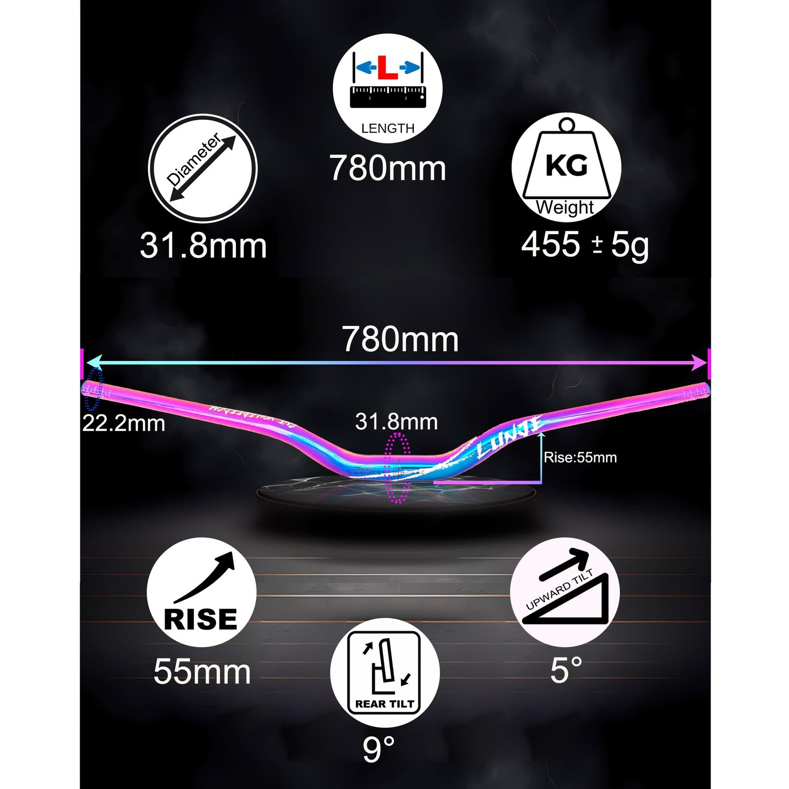 31.8mm Mountain Bike Handlebars, 55mm Rise Options, 780mm Cutable Width, Ligh…
