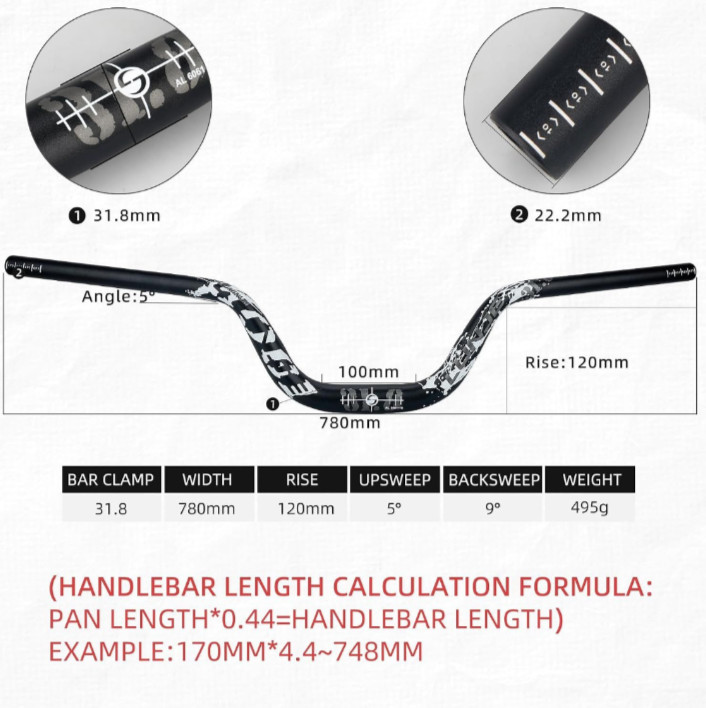 Mountain Bike Handlebar 31.8mm, Rise 35/50/70/90/120mm, Cuttable 780mm, T6 Alumi