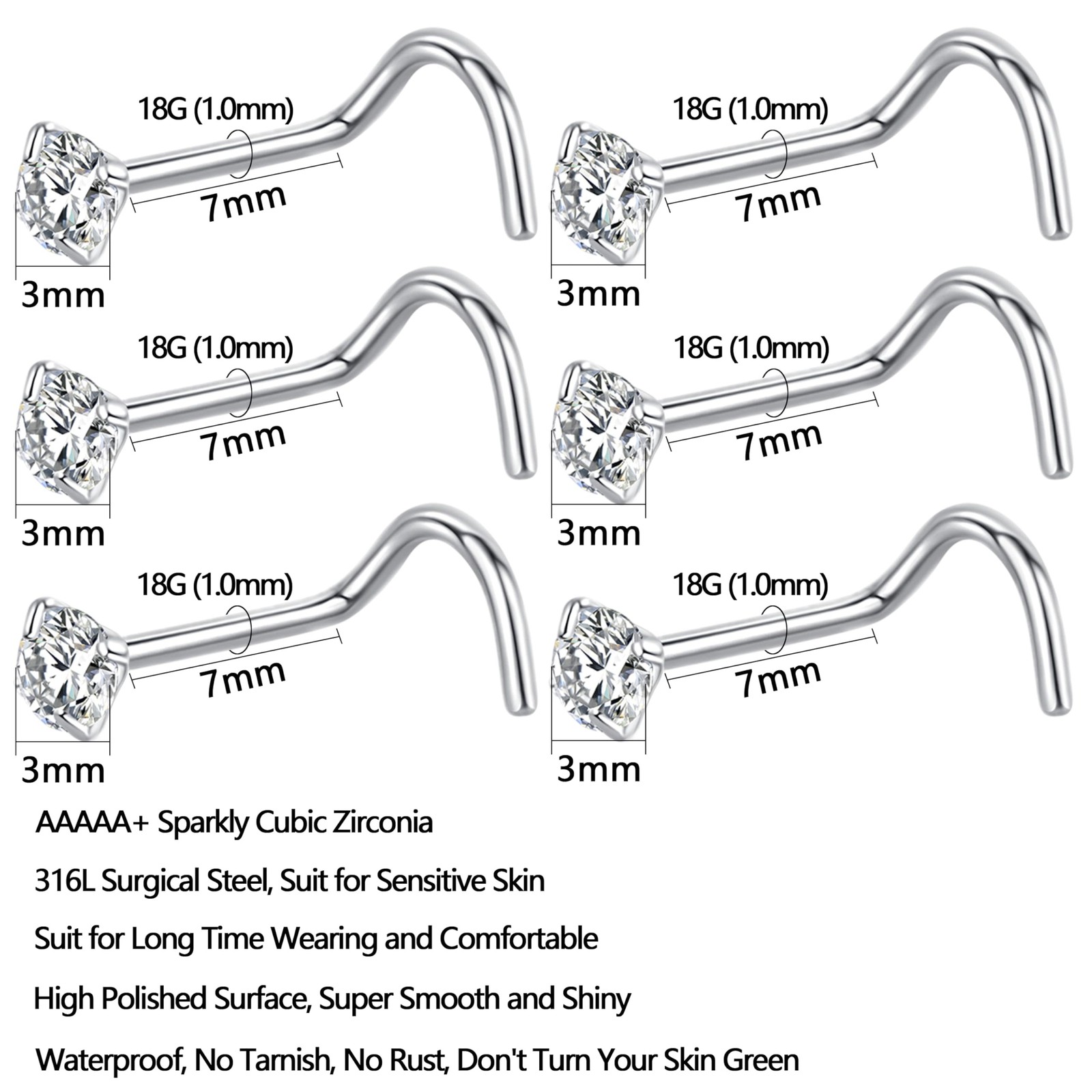 12Pcs Corkscrew Nose Studs L Shaped 18 20 Gauge Nose Piercings Nose Rings Stu…