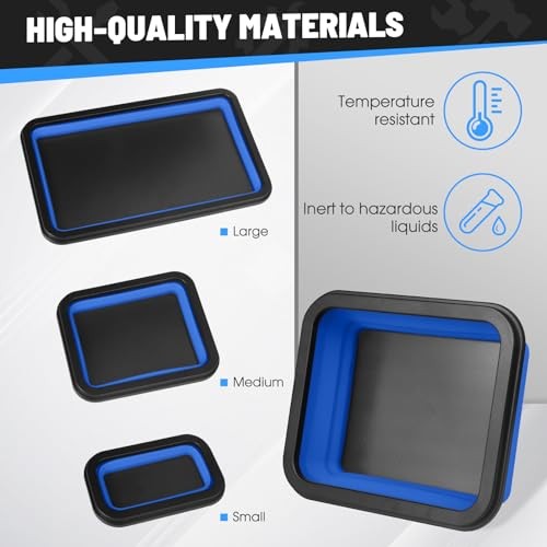 Magnetic Tool Trays 3-Pack – Collapsible Parts Holder | Strong Rubber Blue